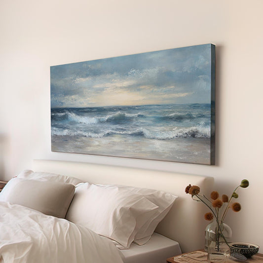 Ocean Wave Canvas Art | Impasto Seascape Print | Coastal Living Room Wall Art For Living Room | Seashell Beige Art Horizontal Art