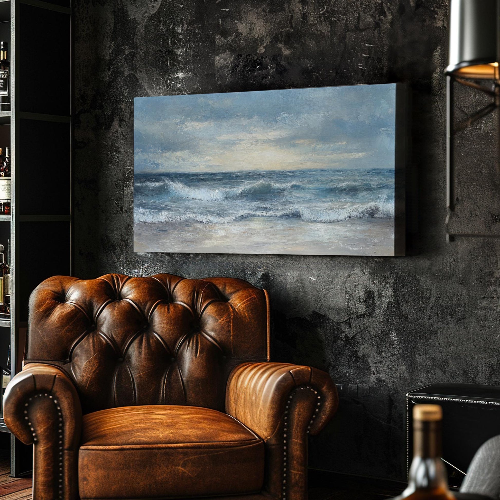 Ocean Wave Canvas Art | Impasto Seascape Print | Coastal Living Room Wall Art For Living Room | Seashell Beige Art Horizontal Art