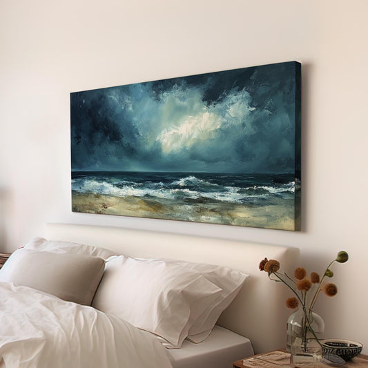 Ocean Wave Canvas Art | Impasto Seascape Print | Coastal Bohemian Wall Art For Living Room | Stormy Seafoam Art Horizontal Art