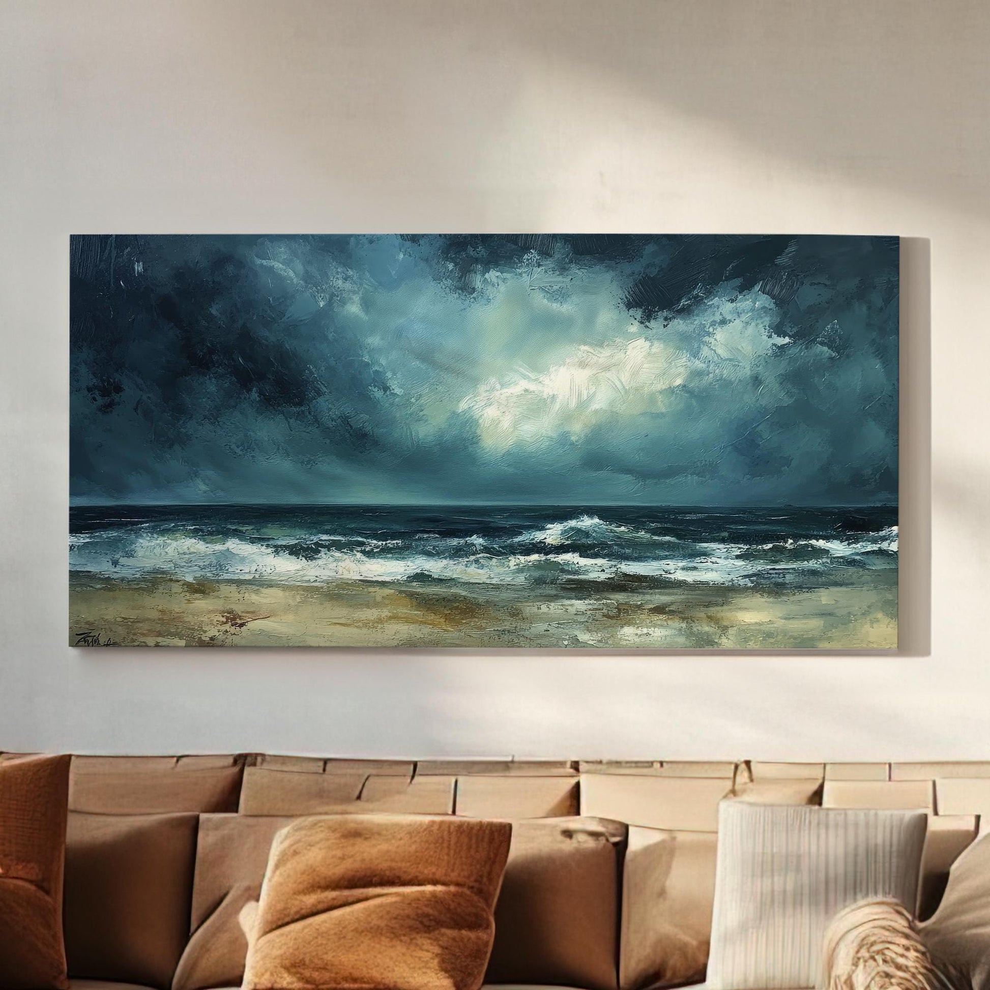 Ocean Wave Canvas Art | Impasto Seascape Print | Coastal Bohemian Wall Art For Living Room | Stormy Seafoam Art Horizontal Art