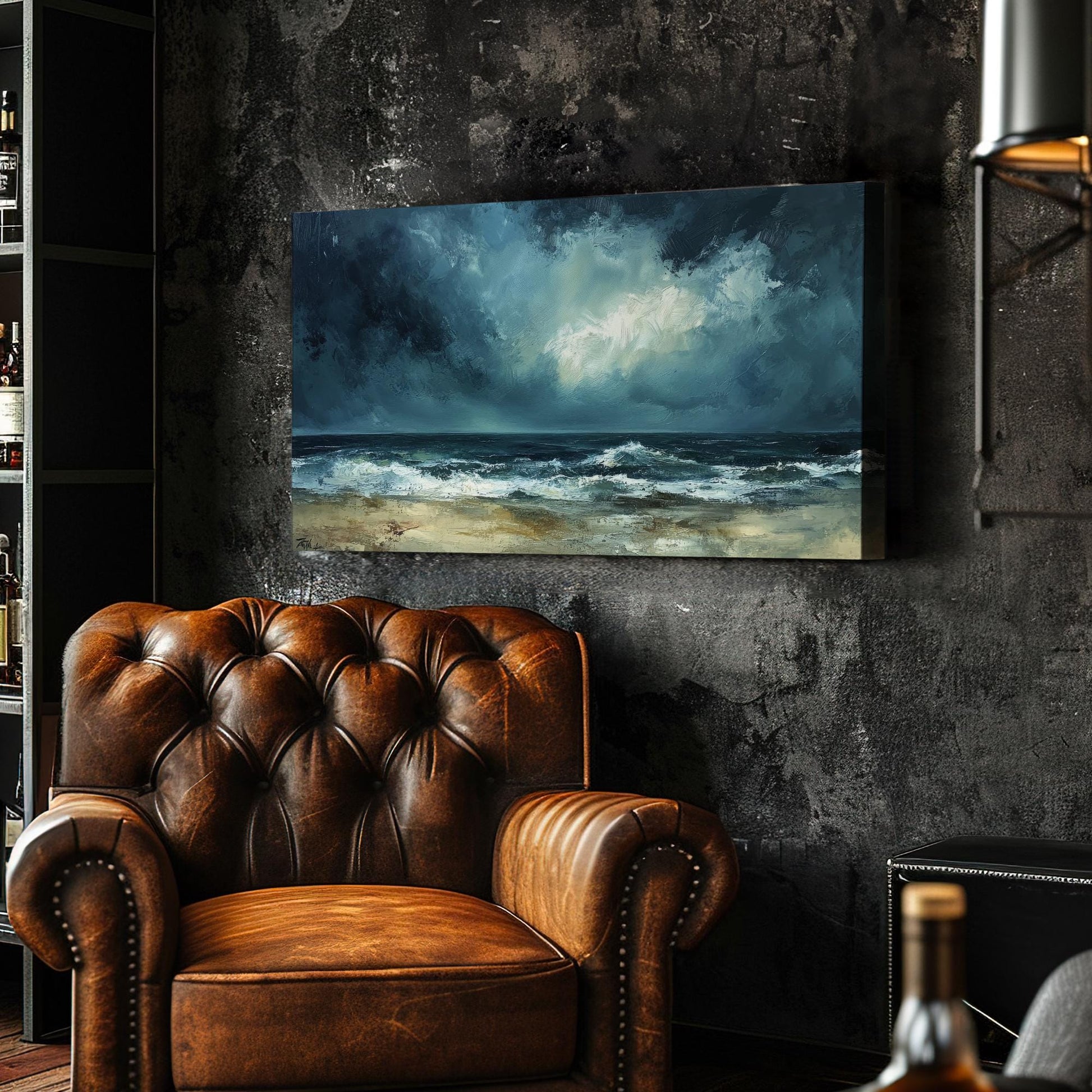 Ocean Wave Canvas Art | Impasto Seascape Print | Coastal Bohemian Wall Art For Living Room | Stormy Seafoam Art Horizontal Art