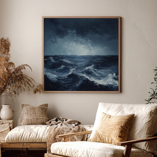 Ocean Wave Canvas Art | Impasto Seascape Print | Coastal Bohemian Wall Art For Living Room | Steel Blue Art Square Canvas Art