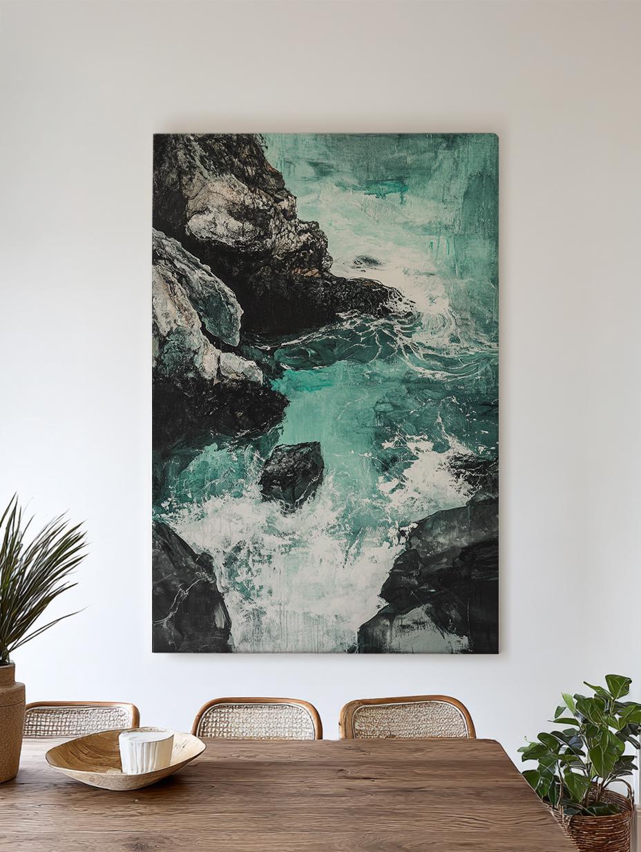 Ocean Wave Canvas Art | Impasto Print | Coastal Wall Art For Living Room | Seafoam Green Art | Tranquil Decor Vertical Canvas