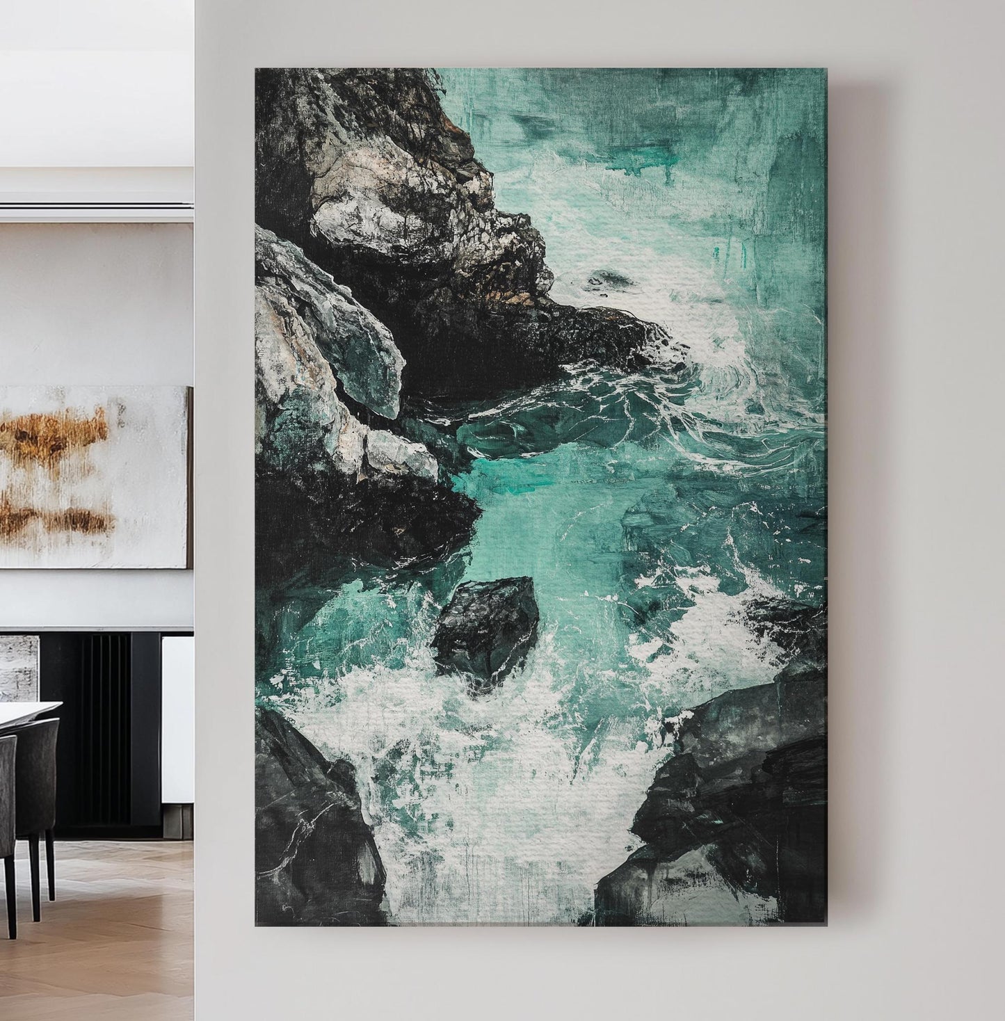 Ocean Wave Canvas Art | Impasto Print | Coastal Wall Art For Living Room | Seafoam Green Art | Tranquil Decor Vertical Canvas