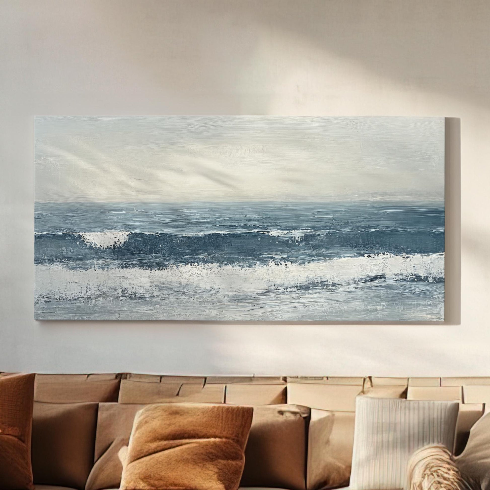 Ocean Wave Canvas Art | Impasto Print | Coastal Minimalist Wall Art For Living Room | Seashell White Steel Blue Art Horizontal Art