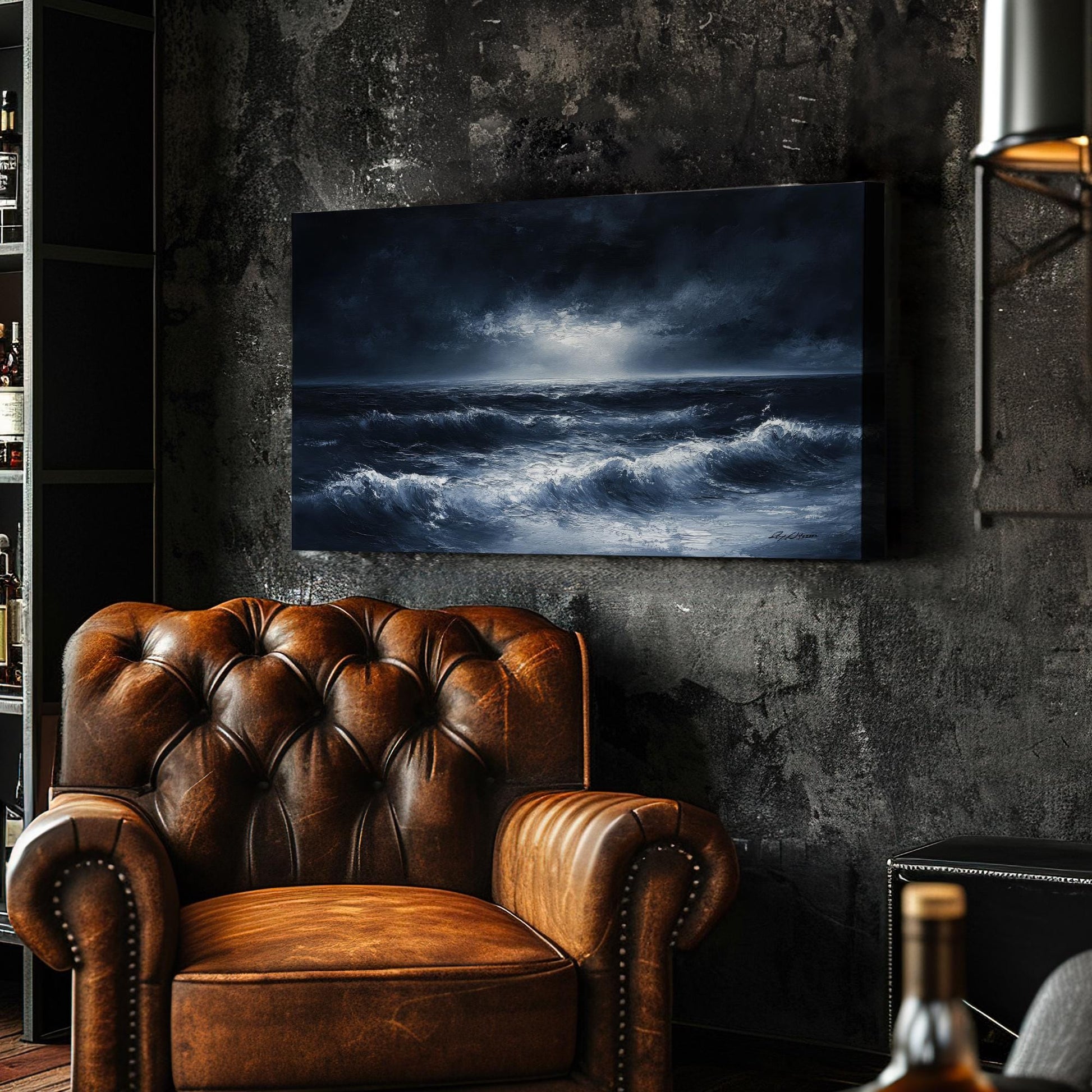 Ocean Wave Canvas Art | Impasto Palette Knife Print | Coastal Bohemian Wall Art For Living Room | Twilight Blue Art Horizontal Art