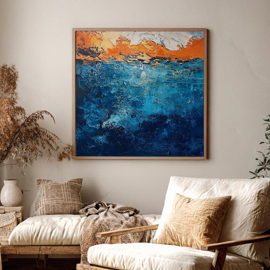 Ocean Sunset Canvas Art | Impasto Palette Knife Print | Coastal Bohemian Wall Art For Living Room Square Canvas Art