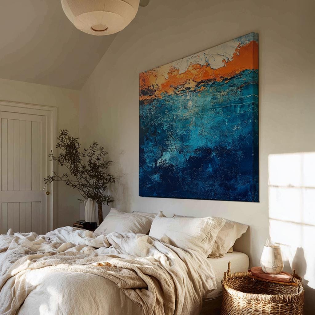 Ocean Sunset Canvas Art | Impasto Palette Knife Print | Coastal Bohemian Wall Art For Living Room Square Canvas Art