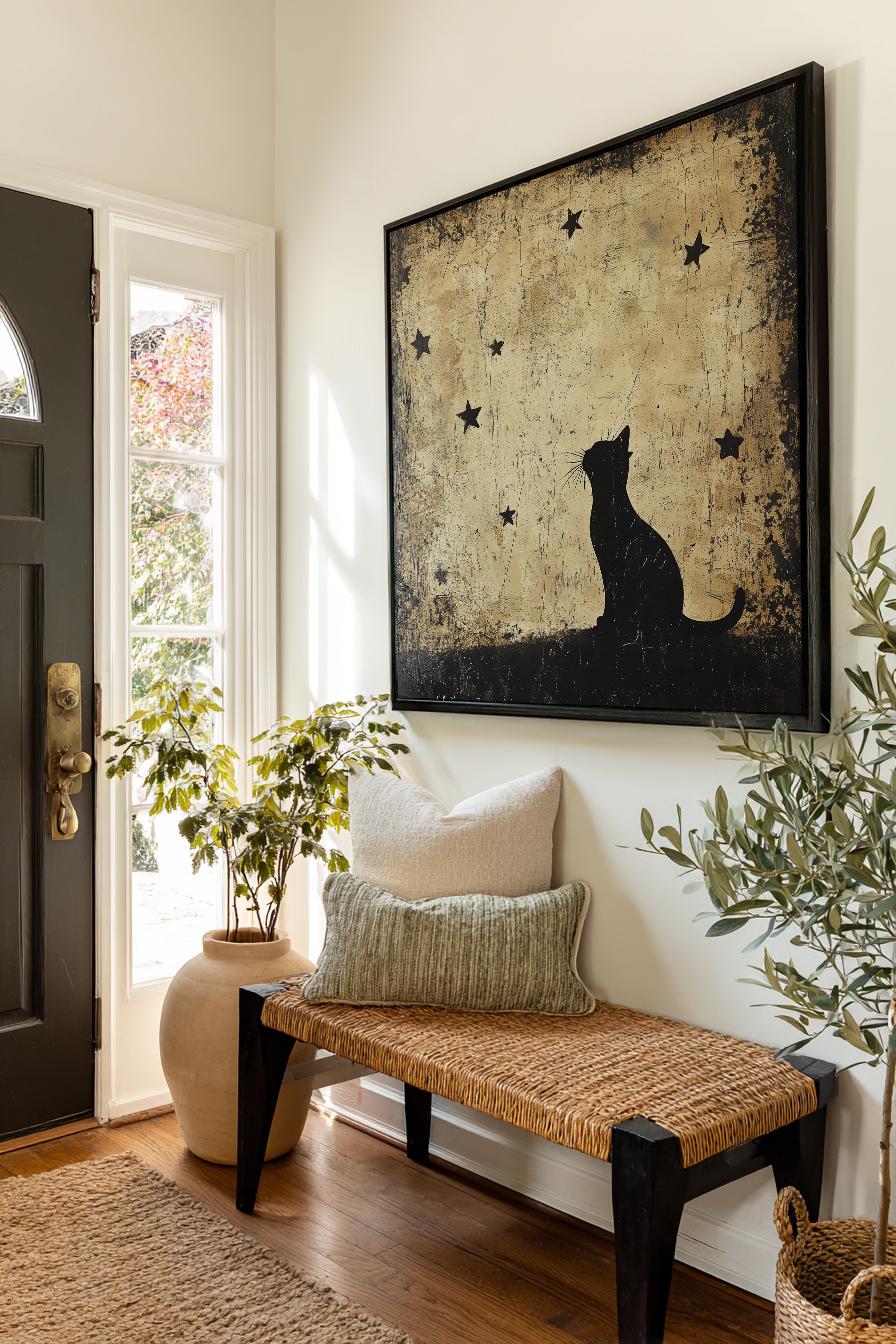 Midnight Cat Canvas Art | Distressed Texture Print | Bohemian Wall Art For Bedroom | Oatmeal Sable Art Square Canvas Art
