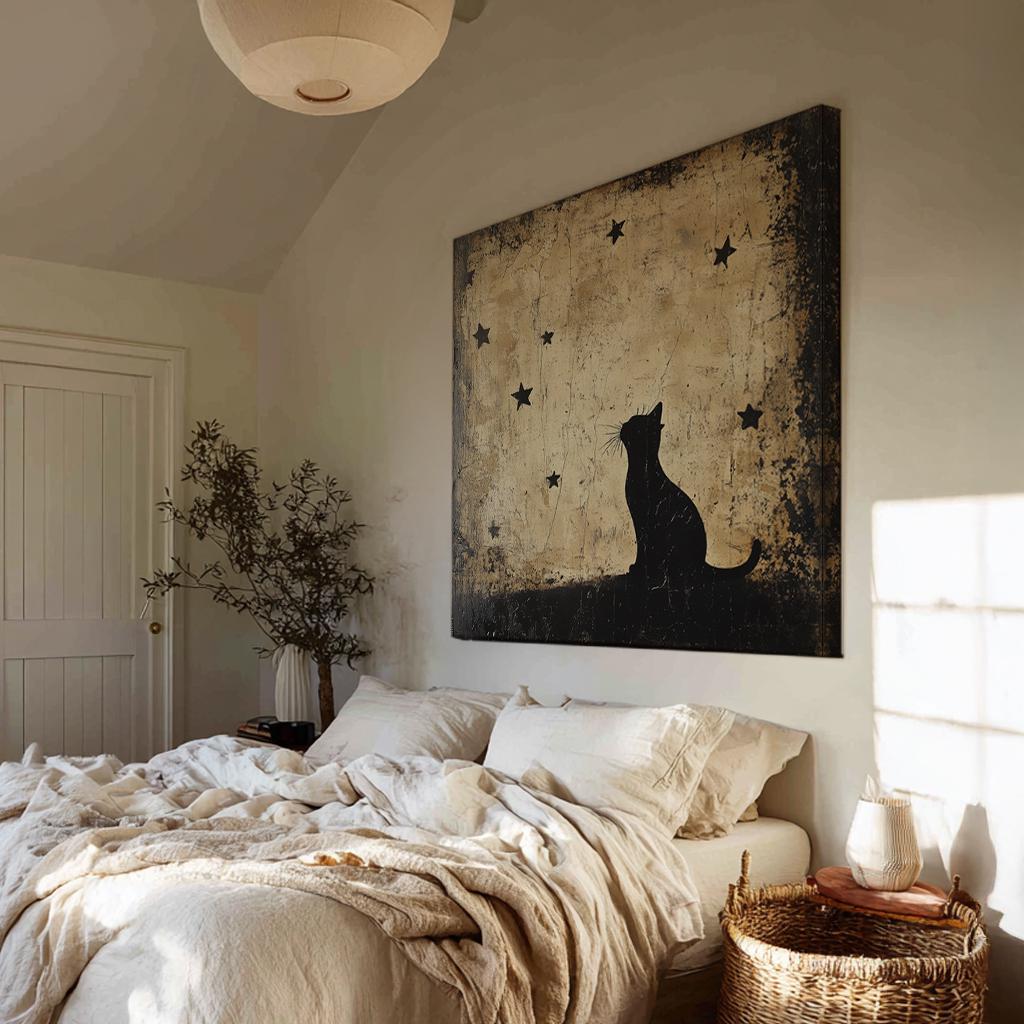 Midnight Cat Canvas Art | Distressed Texture Print | Bohemian Wall Art For Bedroom | Oatmeal Sable Art Square Canvas Art