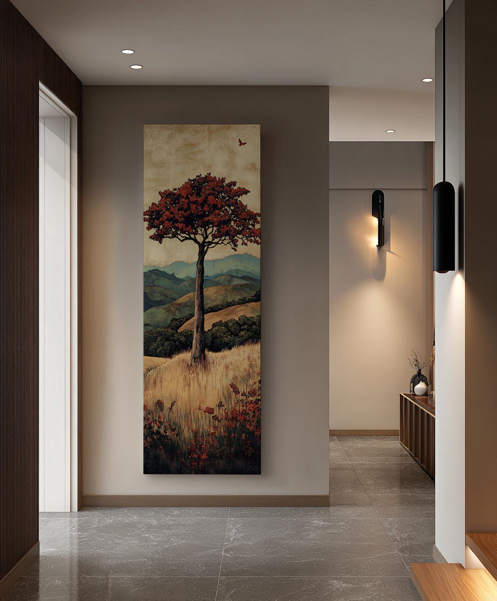 Solitary Tree Canvas Art | Impasto Print | Bohemian Wall Art For Living Room | Burnt Sienna Art | Tranquil Decor Long Vertical Art