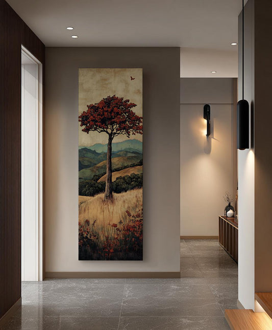 Solitary Tree Canvas Art | Impasto Print | Bohemian Wall Art For Living Room | Burnt Sienna Art | Tranquil Decor Long Vertical Art