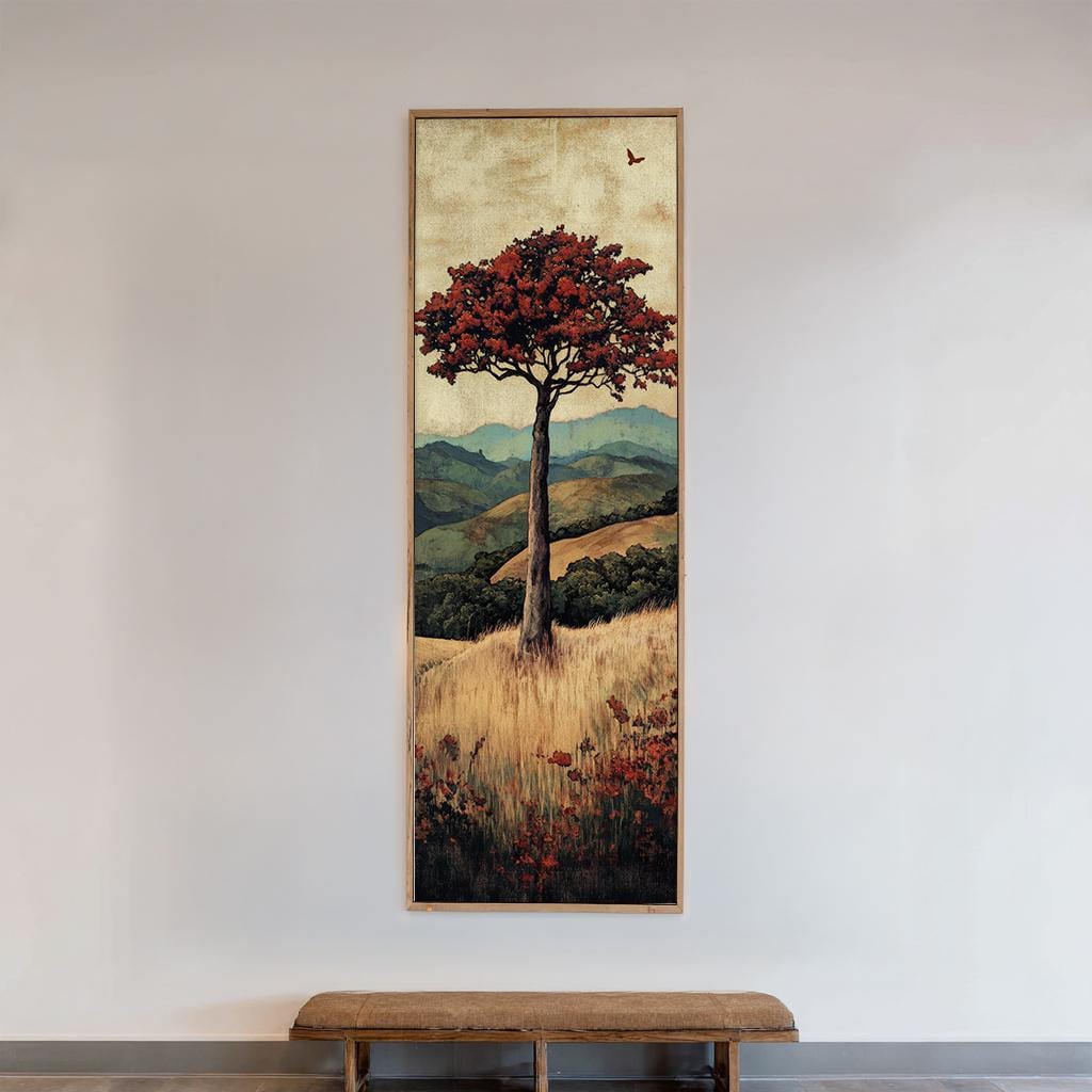 Solitary Tree Canvas Art | Impasto Print | Bohemian Wall Art For Living Room | Burnt Sienna Art | Tranquil Decor Long Vertical Art