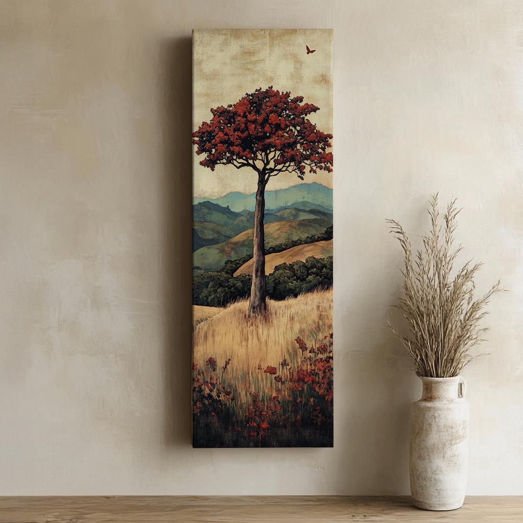 Solitary Tree Canvas Art | Impasto Print | Bohemian Wall Art For Living Room | Burnt Sienna Art | Tranquil Decor Long Vertical Art