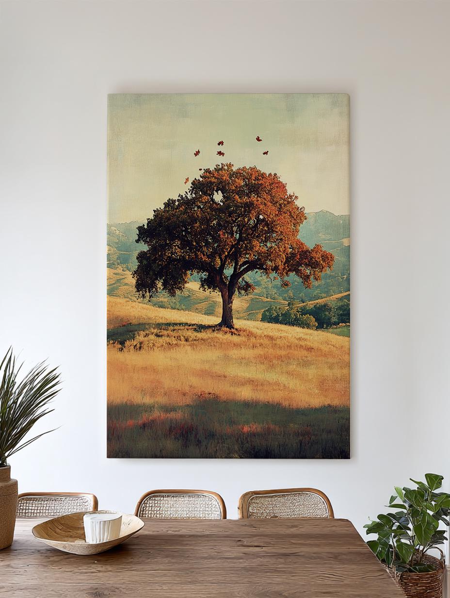 Solitary Oak Tree Canvas Art | Autumnal Impressionism Print | Transcendental Wall Art For Living Room | Harvest Gold Art Vertical Canvas