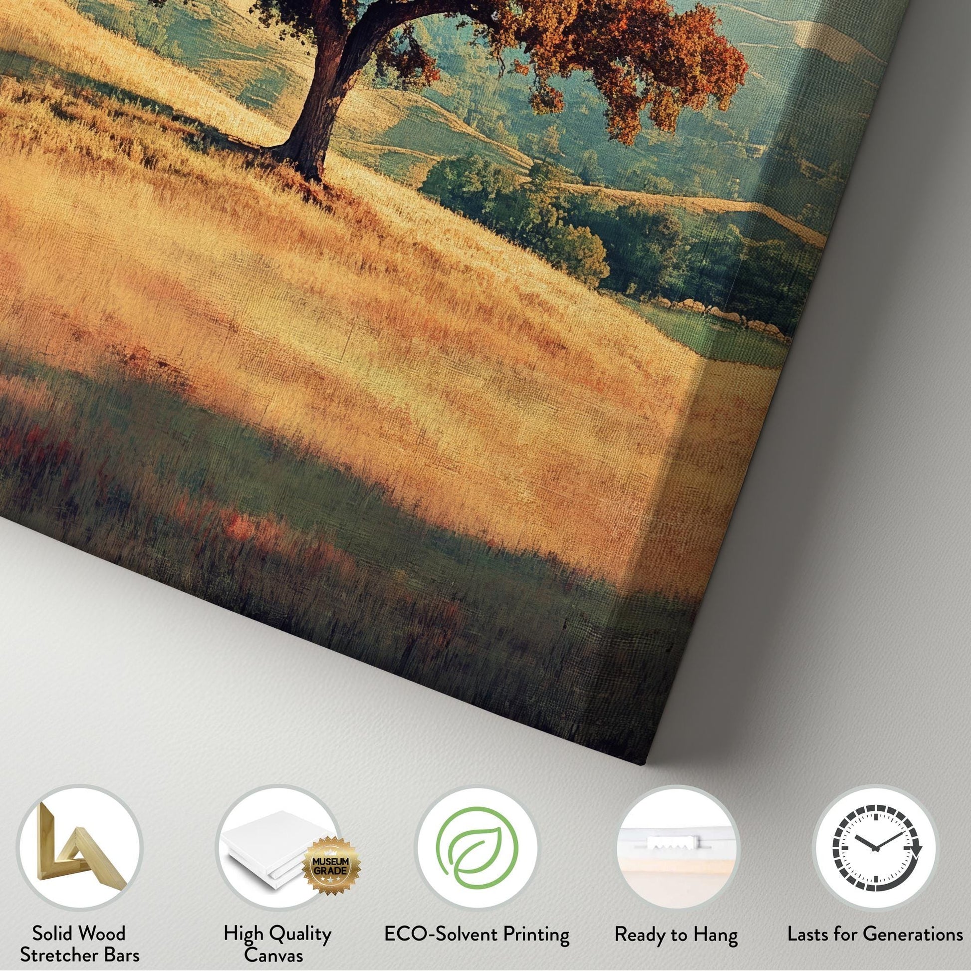Solitary Oak Tree Canvas Art | Autumnal Impressionism Print | Transcendental Wall Art For Living Room | Harvest Gold Art Vertical Canvas