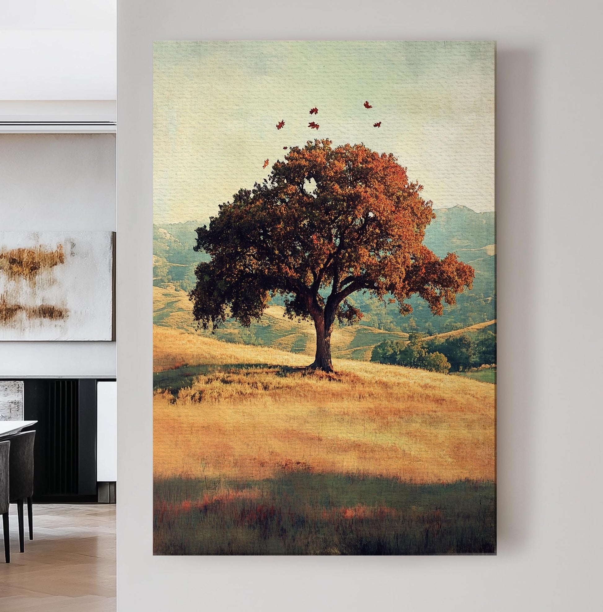 Solitary Oak Tree Canvas Art | Autumnal Impressionism Print | Transcendental Wall Art For Living Room | Harvest Gold Art Vertical Canvas