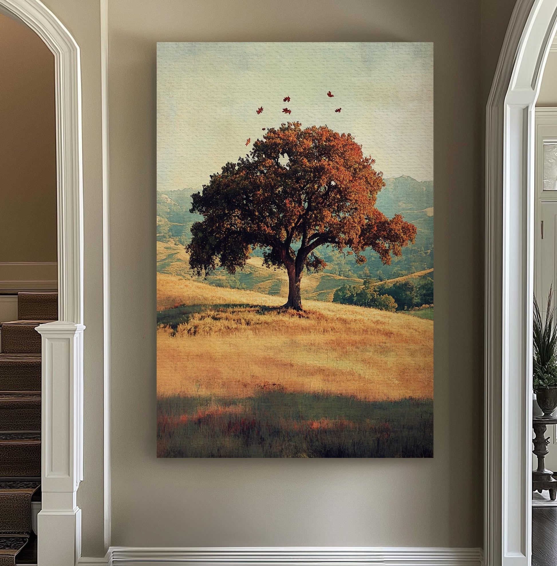 Solitary Oak Tree Canvas Art | Autumnal Impressionism Print | Transcendental Wall Art For Living Room | Harvest Gold Art Vertical Canvas
