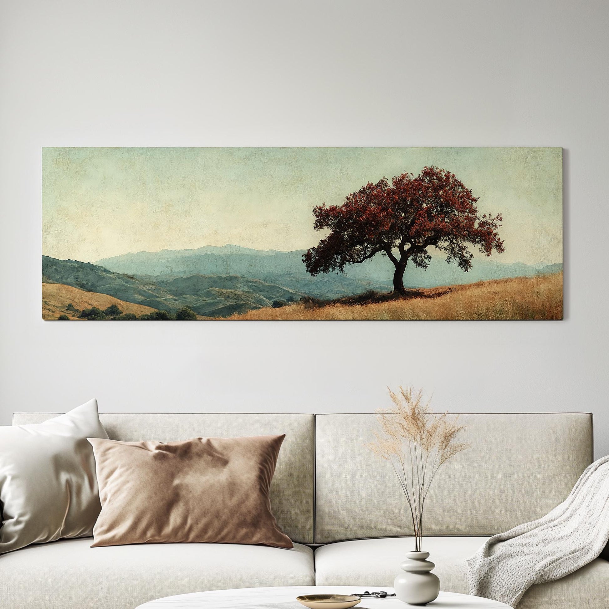 Solitary Oak Canvas Art | Textured Impressionism Print | Tranquil Farmhouse Wall Art For Above Couch Panoramic Wall Art