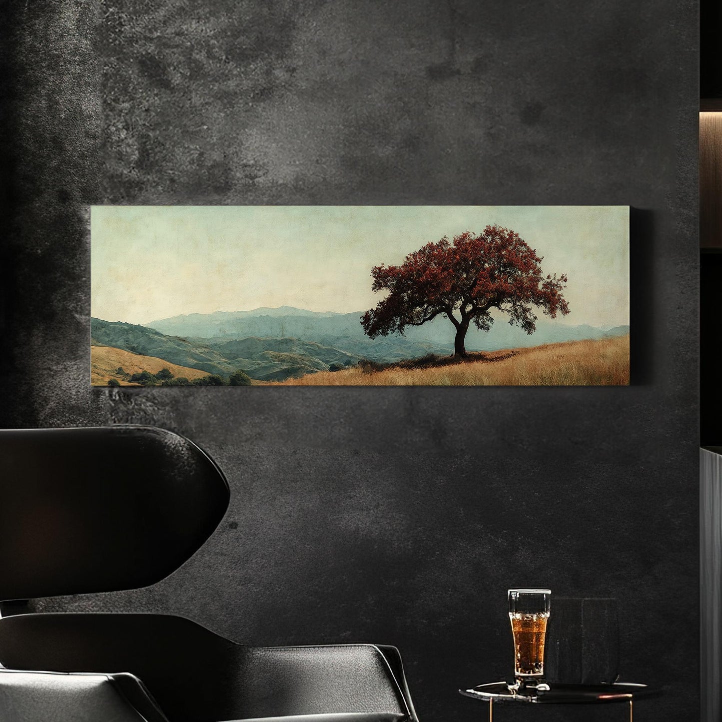 Solitary Oak Canvas Art | Textured Impressionism Print | Tranquil Farmhouse Wall Art For Above Couch Panoramic Wall Art