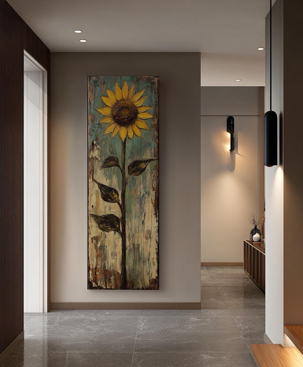 Solemn Sunflower Canvas Art | Impasto Oil Print | Bohemian Wall Art For Living Room | Sagebrush Green Art Long Vertical Art