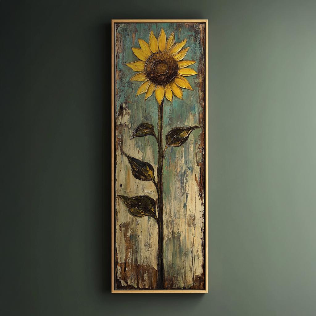 Solemn Sunflower Canvas Art | Impasto Oil Print | Bohemian Wall Art For Living Room | Sagebrush Green Art Long Vertical Art