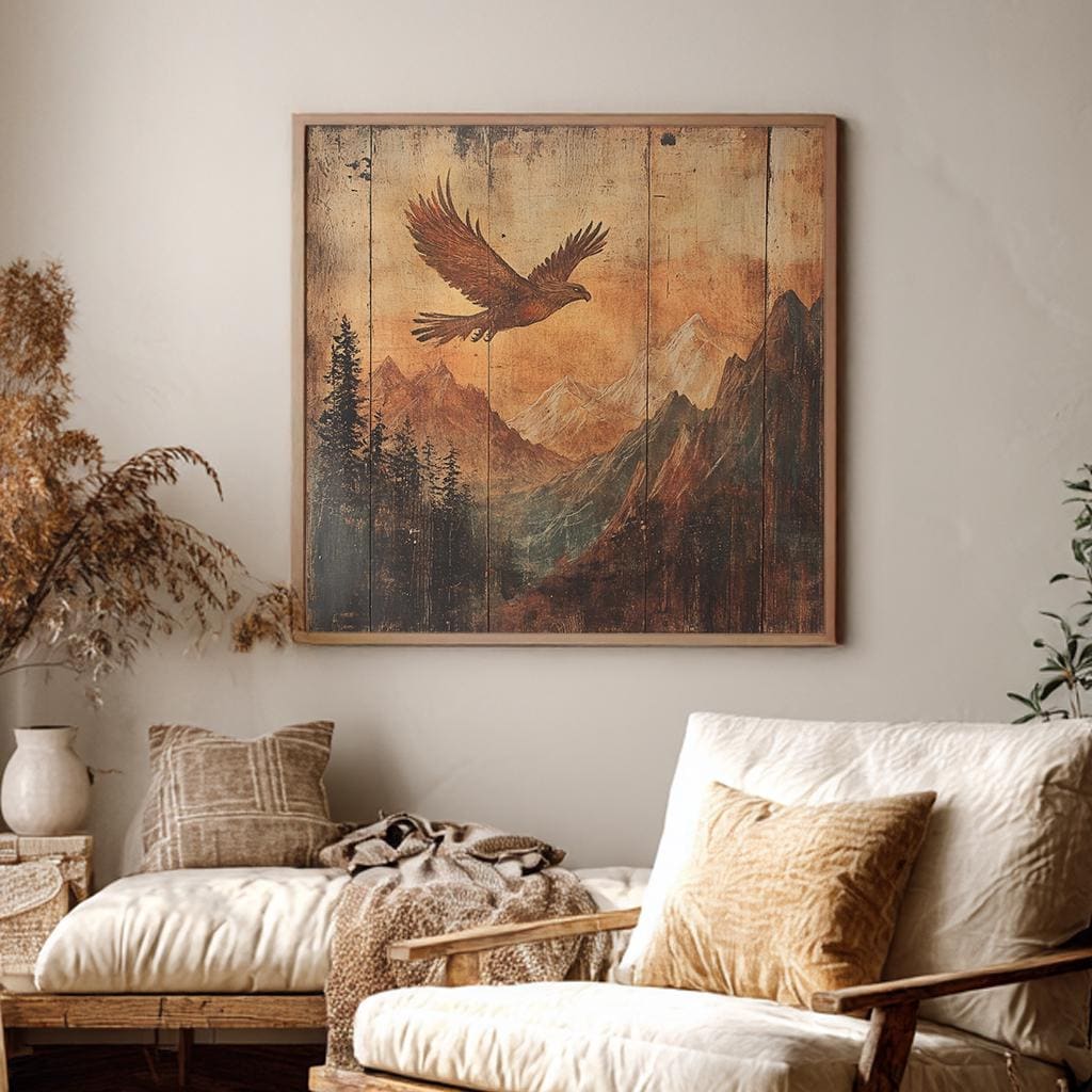 Soaring Eagle Canvas Art | Mountainous Textured Print | Bohemian Wall Art For Living Room | Burnt Sienna Art Square Canvas Art