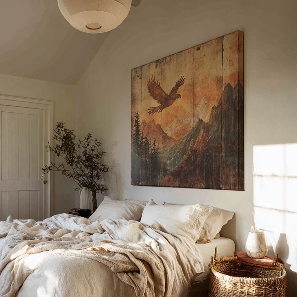 Soaring Eagle Canvas Art | Mountainous Textured Print | Bohemian Wall Art For Living Room | Burnt Sienna Art Square Canvas Art