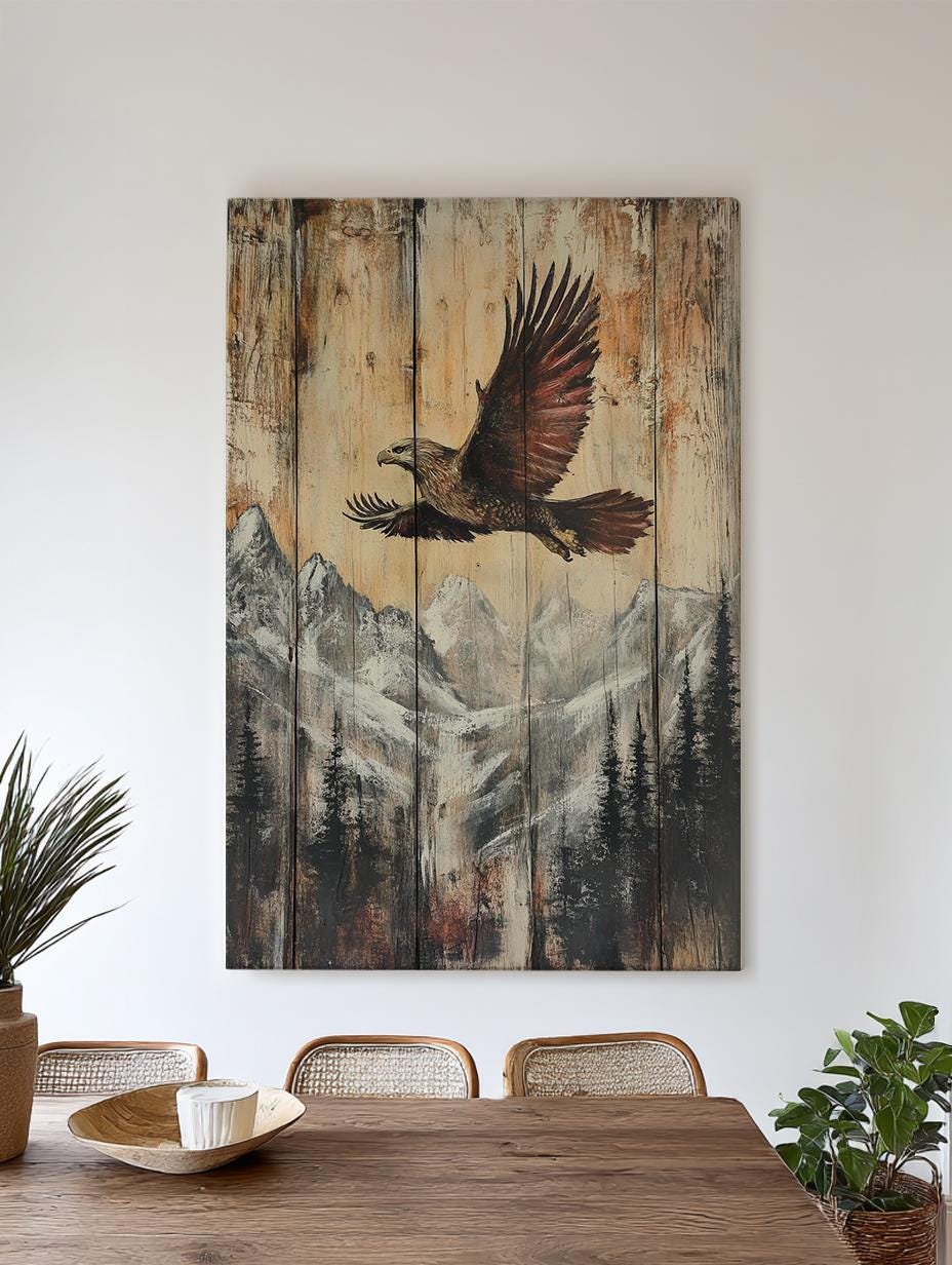 Soaring Eagle Canvas Art | Impasto Print | Mountain Modern Wall Art For Living Room | Warm Taupe Charcoal Art Vertical Canvas