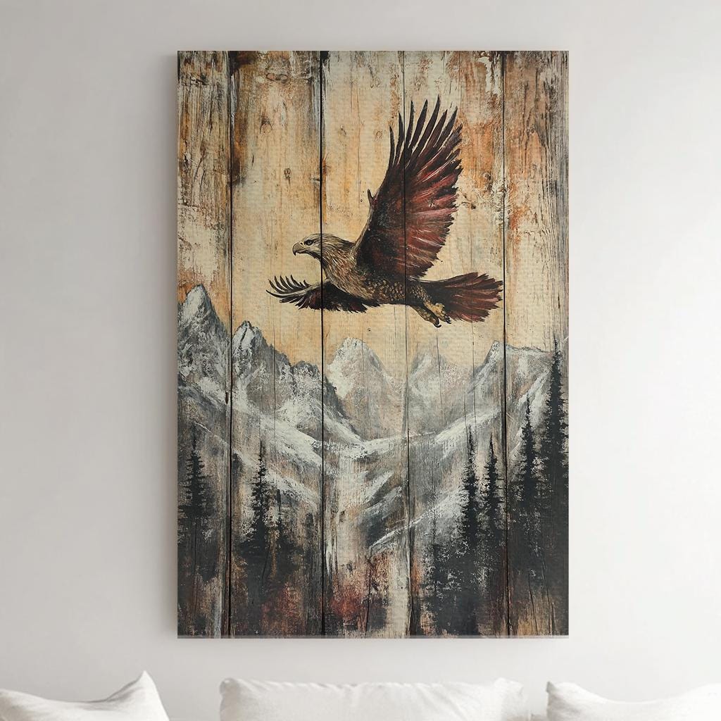 Soaring Eagle Canvas Art | Impasto Print | Mountain Modern Wall Art For Living Room | Warm Taupe Charcoal Art Vertical Canvas