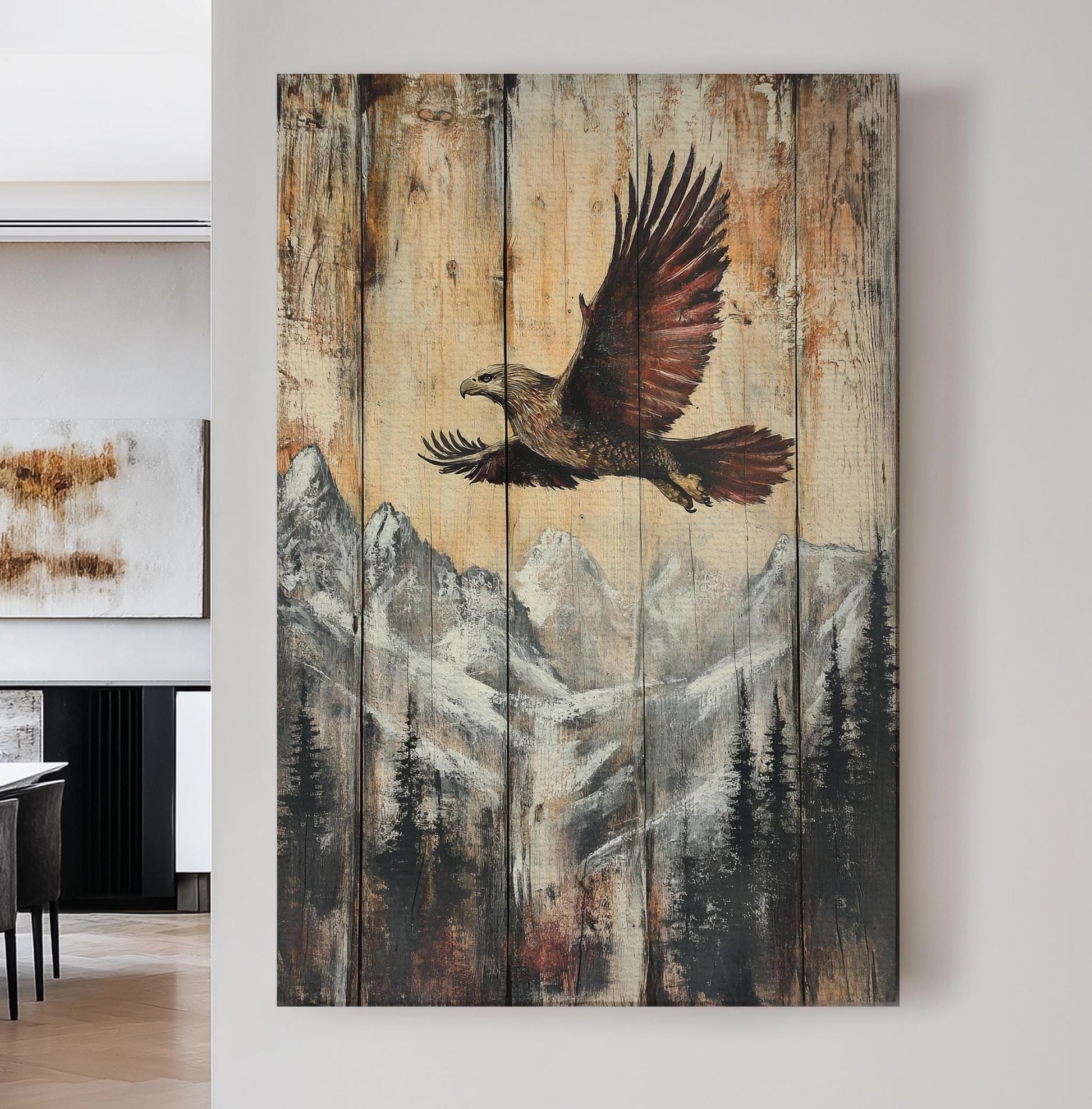 Soaring Eagle Canvas Art | Impasto Print | Mountain Modern Wall Art For Living Room | Warm Taupe Charcoal Art Vertical Canvas