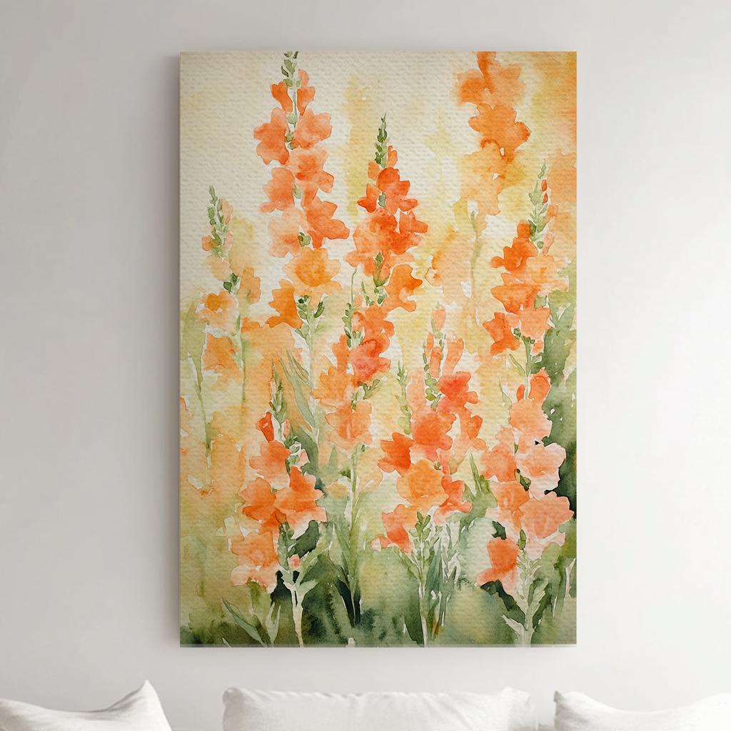 Snapdragon Bloom Canvas Art | Loose Watercolor Print | Bohemian Wall Art For Living Room | Apricot Blush Art Vertical Canvas