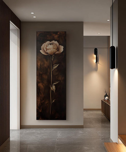 Single Stem Peony Canvas Art | Impasto Botanical Print | Bohemian Wall Art For Bedroom | Taupe Espresso Art Long Vertical Art