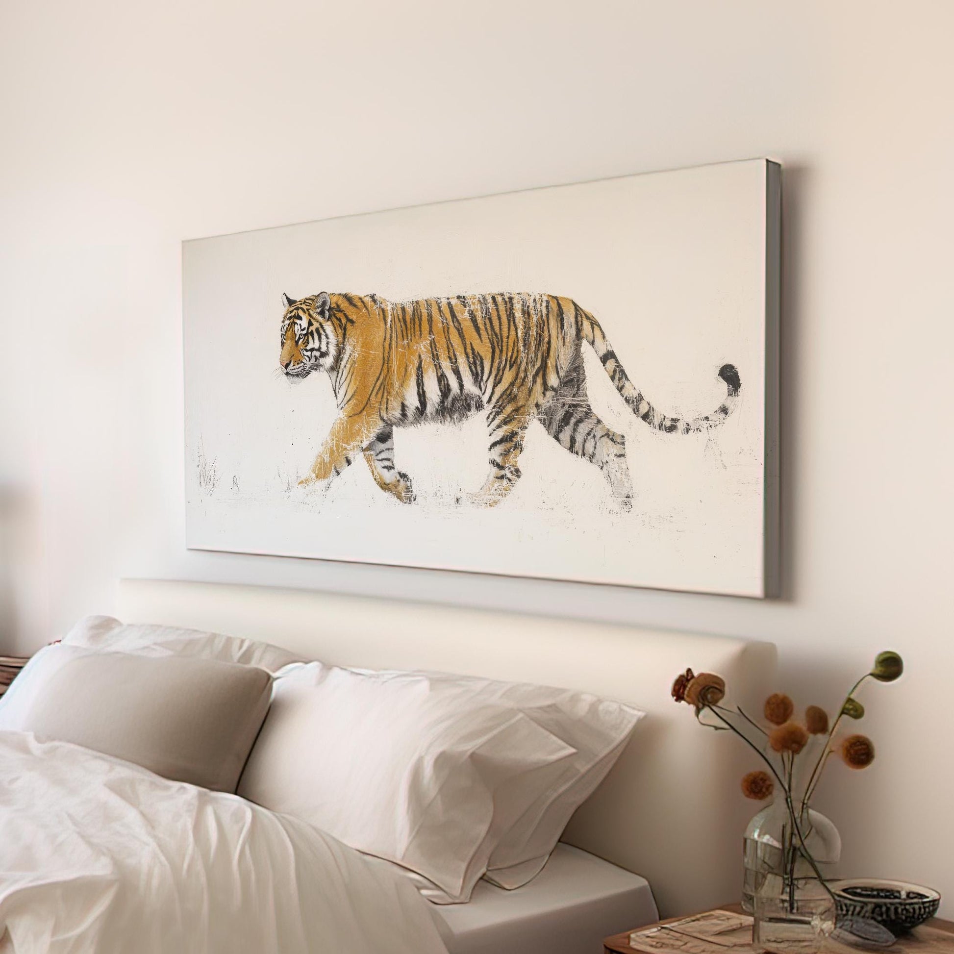 Siberian Tiger Canvas Art | Deconstructed Impasto Print | Biophilic Wall Art For Living Room | Bone White Art Horizontal Art