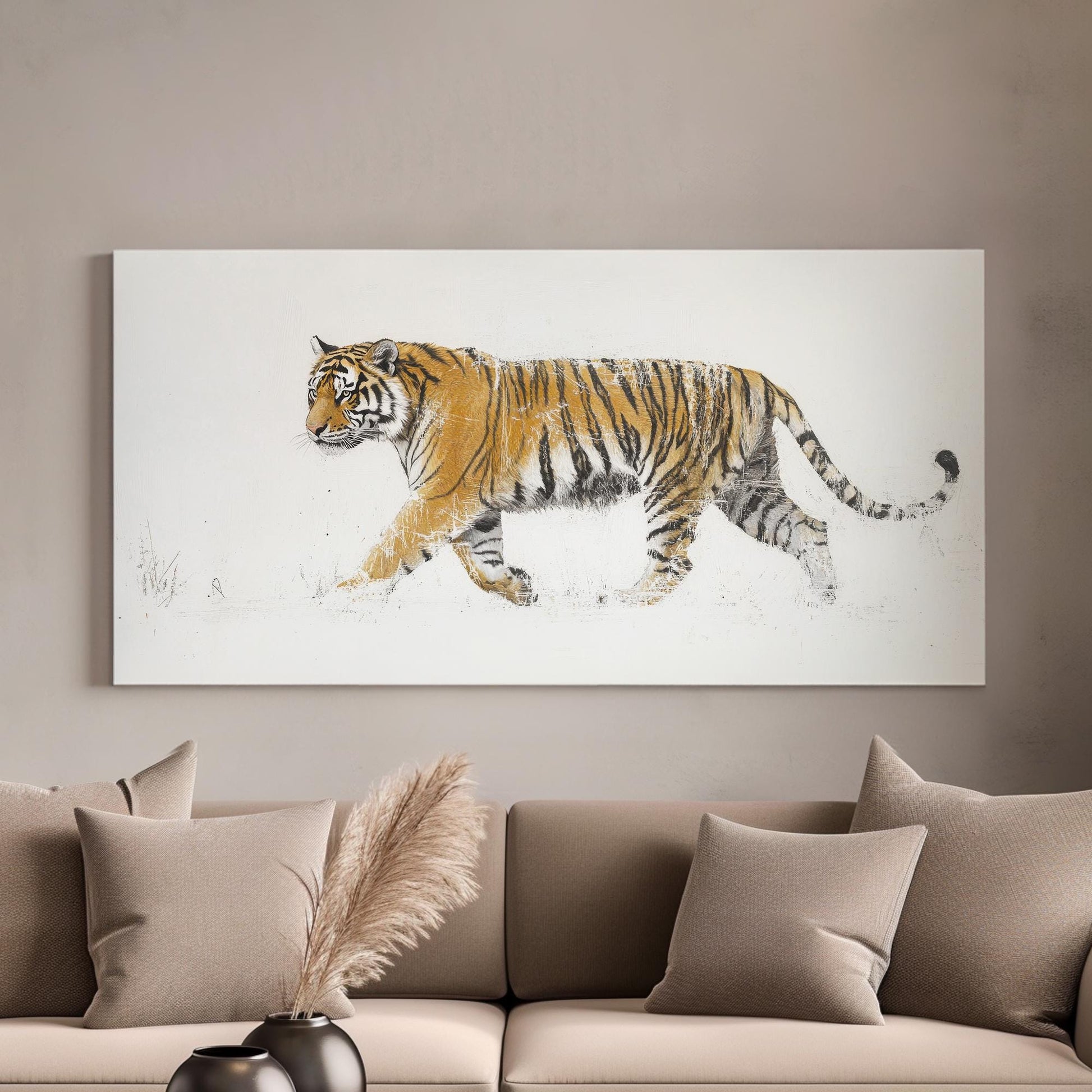 Siberian Tiger Canvas Art | Deconstructed Impasto Print | Biophilic Wall Art For Living Room | Bone White Art Horizontal Art