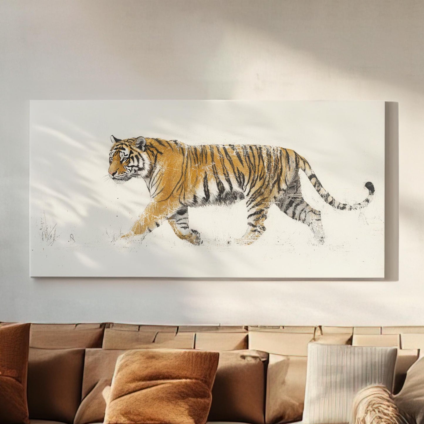 Siberian Tiger Canvas Art | Deconstructed Impasto Print | Biophilic Wall Art For Living Room | Bone White Art Horizontal Art