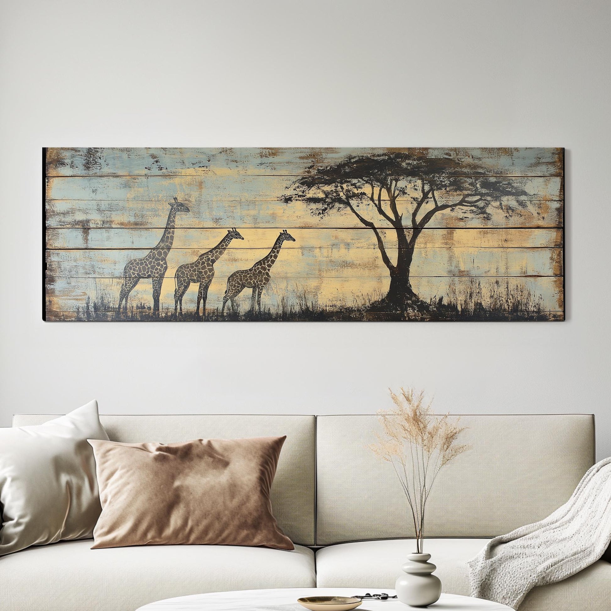 Serengeti Giraffe Canvas Art | Distressed Woodblock Print | Bohemian Wall Art For Living Room | Sandstone Sky Blue Art Panoramic Wall Art
