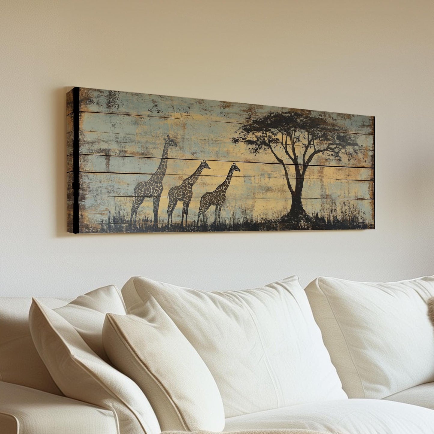 Serengeti Giraffe Canvas Art | Distressed Woodblock Print | Bohemian Wall Art For Living Room | Sandstone Sky Blue Art Panoramic Wall Art