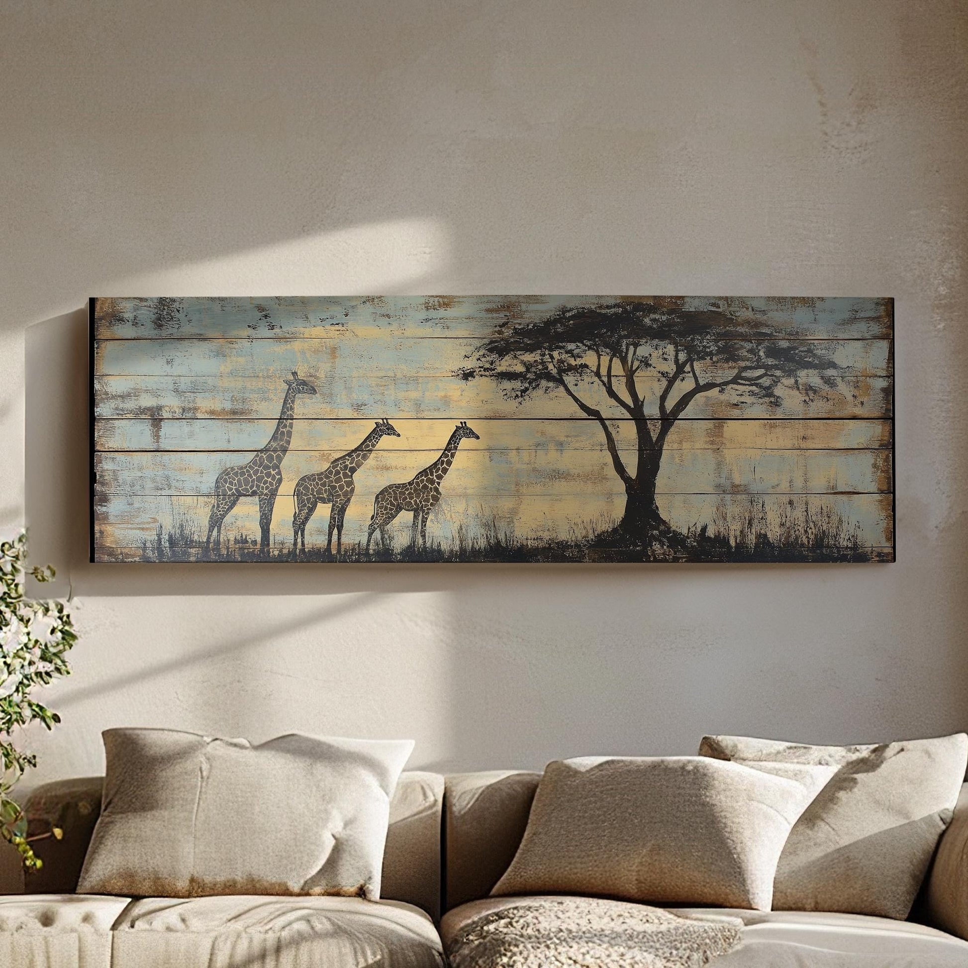 Serengeti Giraffe Canvas Art | Distressed Woodblock Print | Bohemian Wall Art For Living Room | Sandstone Sky Blue Art Panoramic Wall Art
