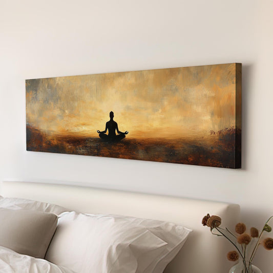 Serene Yogi Canvas Art | Impasto Painting Print | Zen Minimalist Wall Art For Living Room | Burnt Sienna Golden Hour Art Panoramic Wall Art