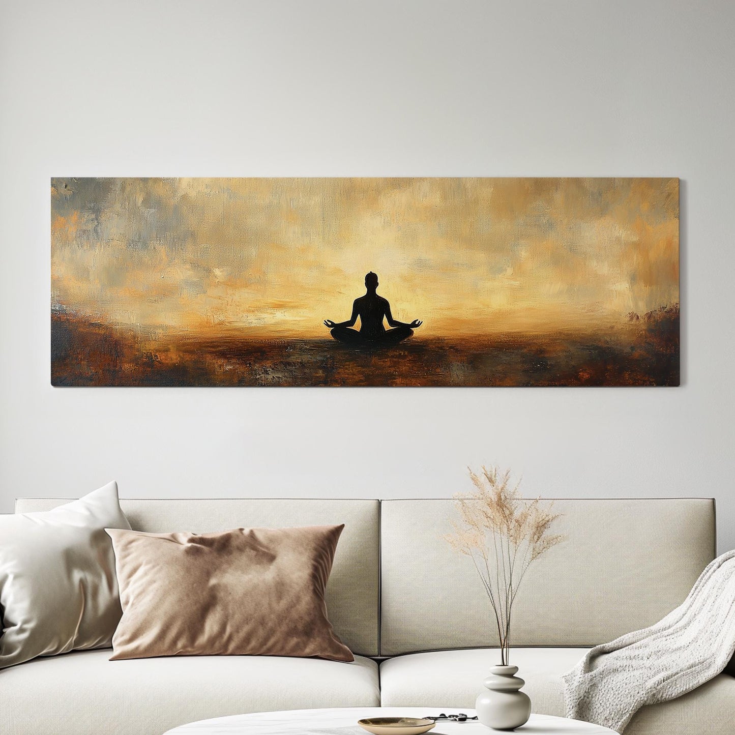 Serene Yogi Canvas Art | Impasto Painting Print | Zen Minimalist Wall Art For Living Room | Burnt Sienna Golden Hour Art Panoramic Wall Art