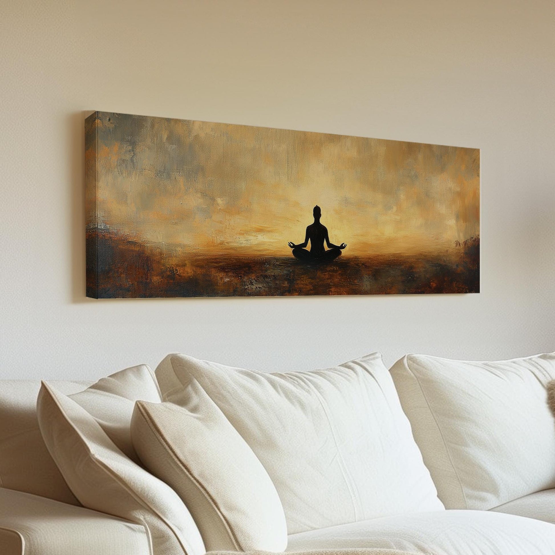 Serene Yogi Canvas Art | Impasto Painting Print | Zen Minimalist Wall Art For Living Room | Burnt Sienna Golden Hour Art Panoramic Wall Art