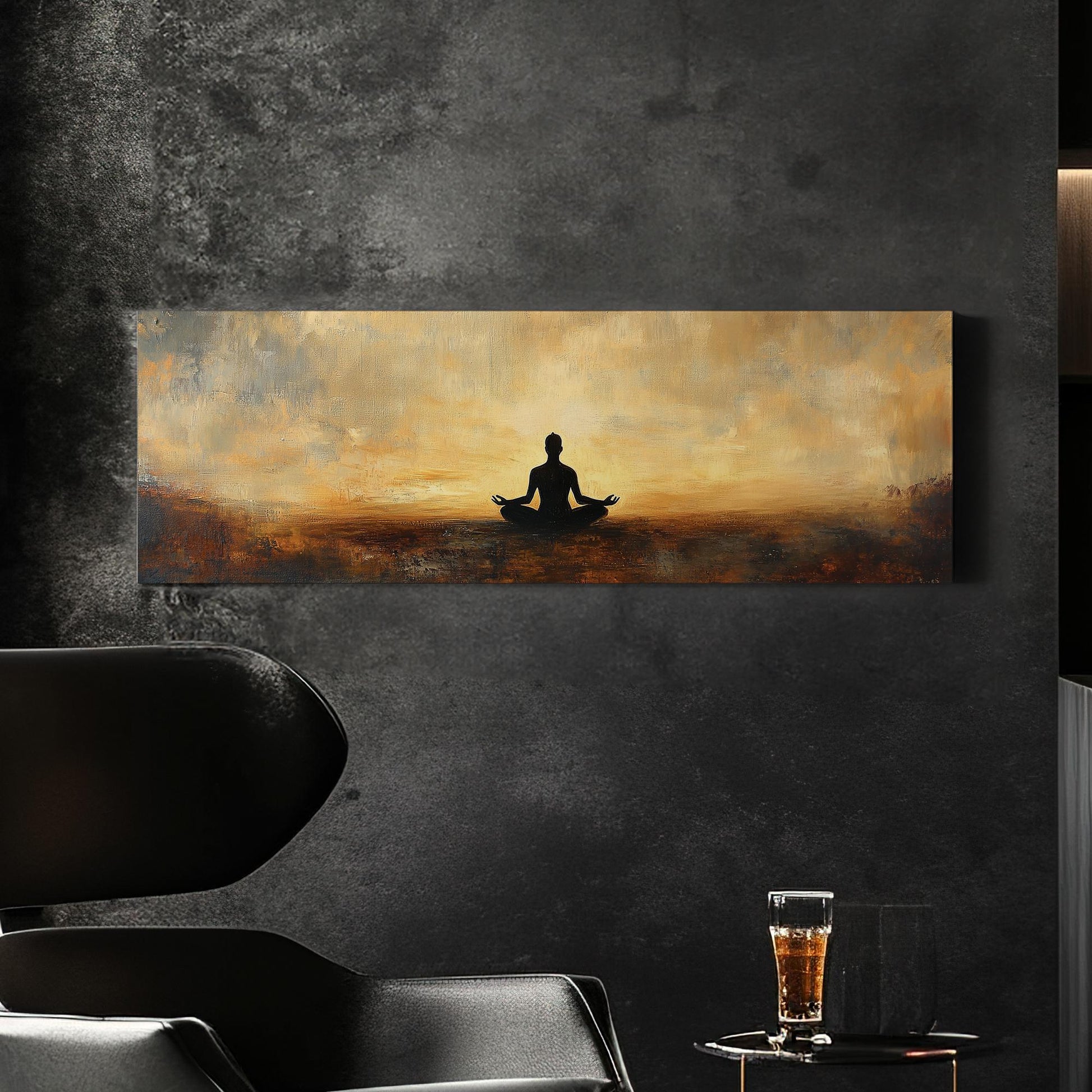 Serene Yogi Canvas Art | Impasto Painting Print | Zen Minimalist Wall Art For Living Room | Burnt Sienna Golden Hour Art Panoramic Wall Art