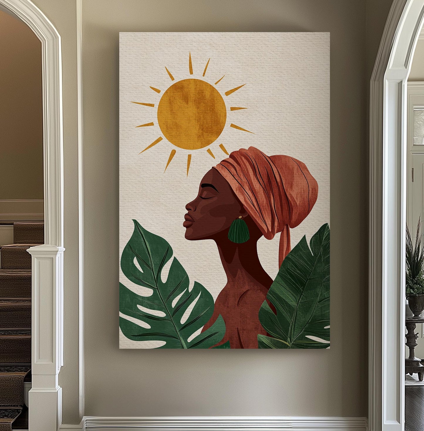 Serene Woman Canvas Art | Abstract Minimalist Print | Bohemian Wall Art For Living Room | Terracotta Forest Green Art Vertical Canvas