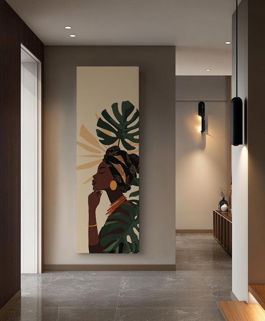 Serene Woman Canvas Art | Abstract Minimalist Print | Bohemian Wall Art For Living Room | Sand Dune Forest Green Art Long Vertical Art