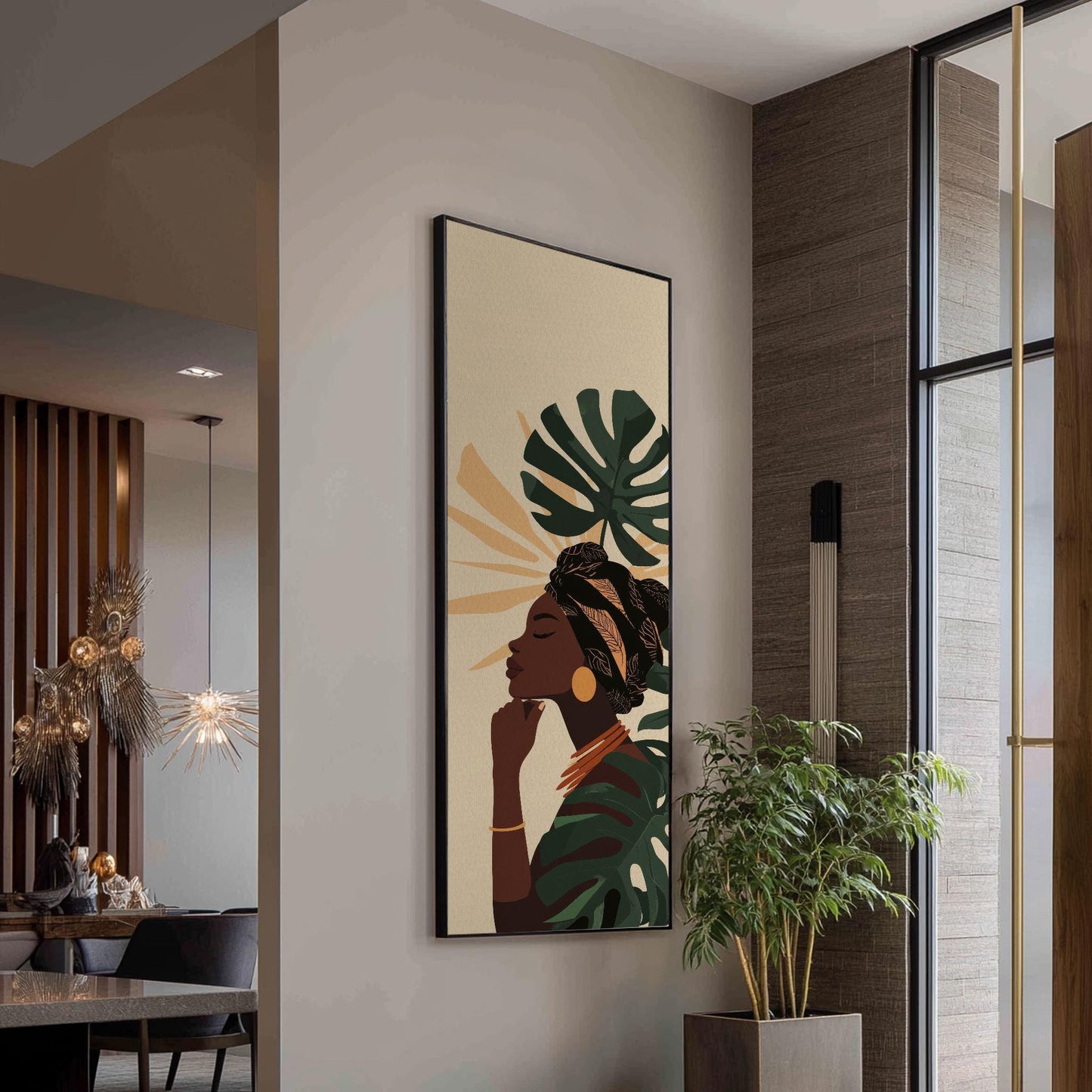 Serene Woman Canvas Art | Abstract Minimalist Print | Bohemian Wall Art For Living Room | Sand Dune Forest Green Art Long Vertical Art