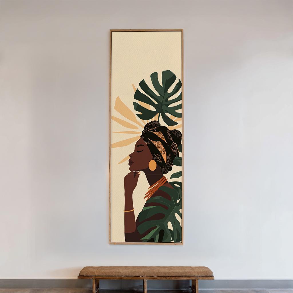 Serene Woman Canvas Art | Abstract Minimalist Print | Bohemian Wall Art For Living Room | Sand Dune Forest Green Art Long Vertical Art
