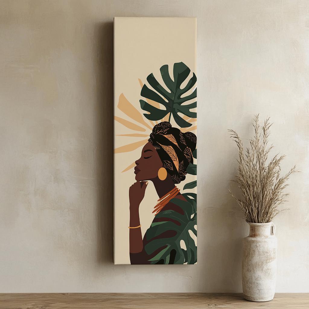 Serene Woman Canvas Art | Abstract Minimalist Print | Bohemian Wall Art For Living Room | Sand Dune Forest Green Art Long Vertical Art