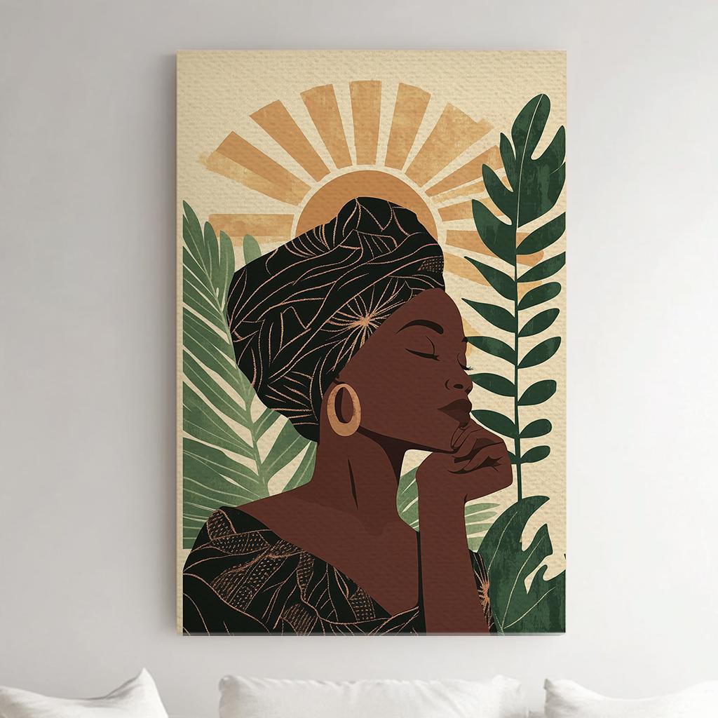 Serene Woman Canvas Art | Abstract Line Art Print | Bohemian Wall Art For Living Room | Warm Sand Olive Art Vertical Canvas