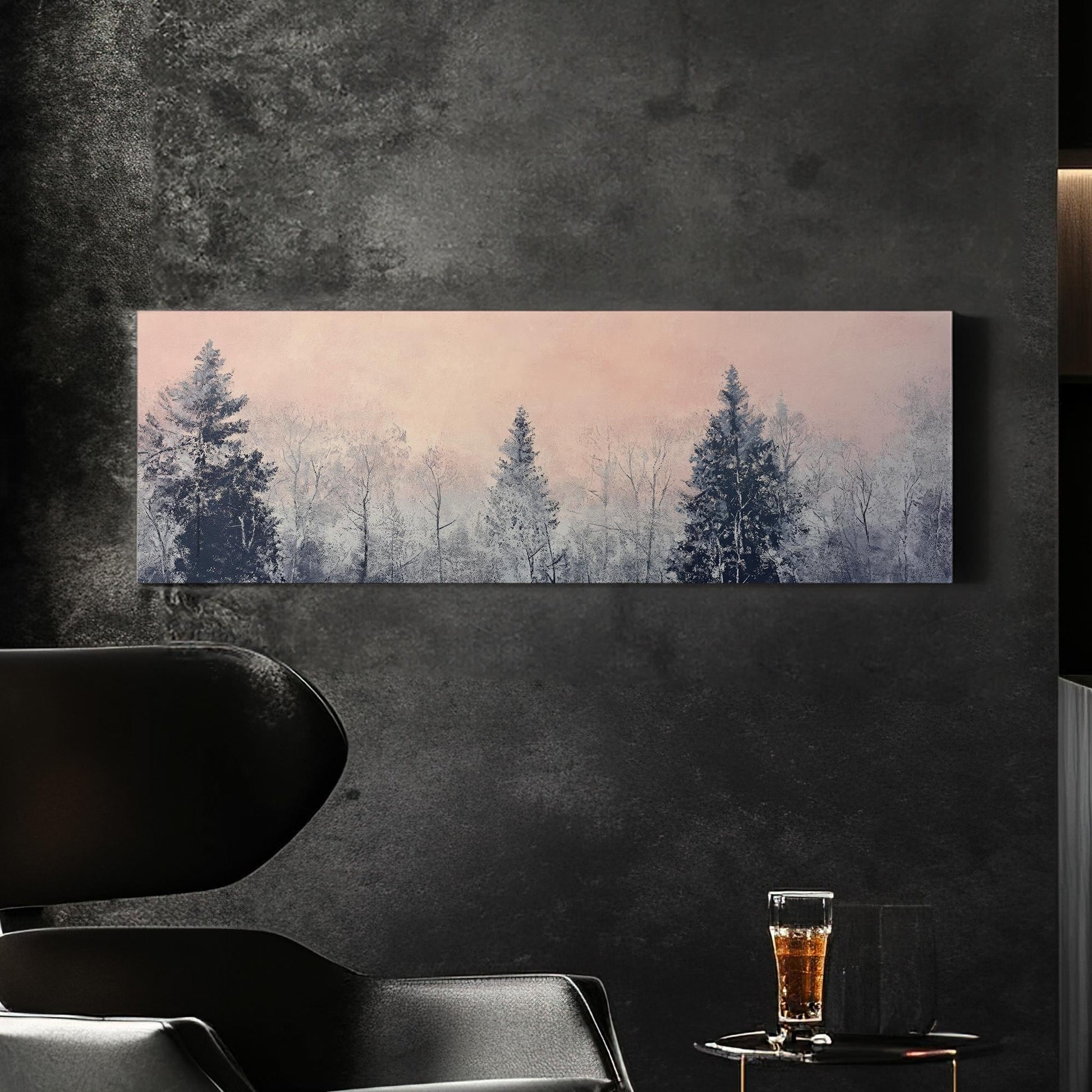 Serene Winter Forest Canvas Art | Impasto Print | Minimalist Wall Art For Living Room | Blush Pink Art Panoramic Wall Art